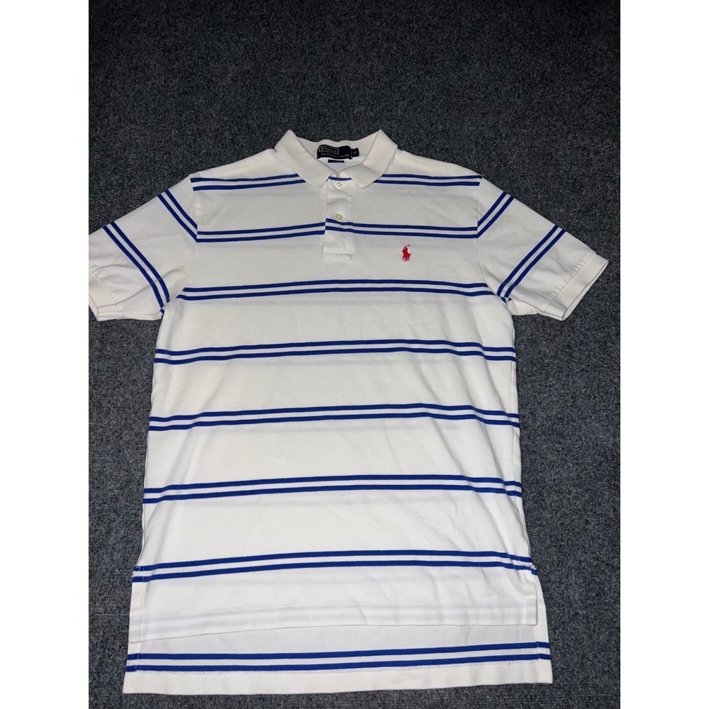 Polo Ralph Lauren Mens Medium White Blue Striped Cotton Short Sleeve Polo Shirt